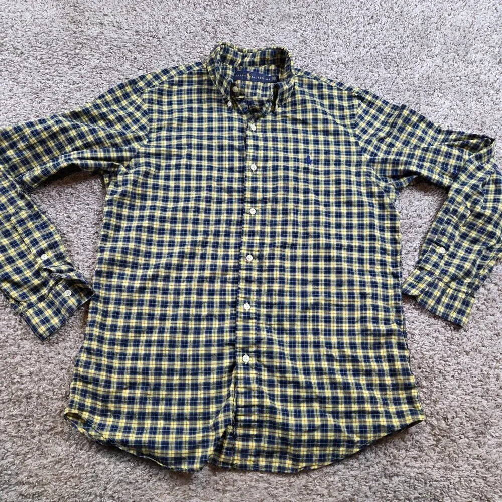 Polo Ralph Lauren Shirt Mens Medium Yelloe Blue Check Button Down Long Sleeve